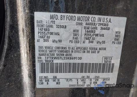 2003 Ford F-150 Lariat/Xlt из США, поврежденный, VIN 1FTRW07L23KB69130